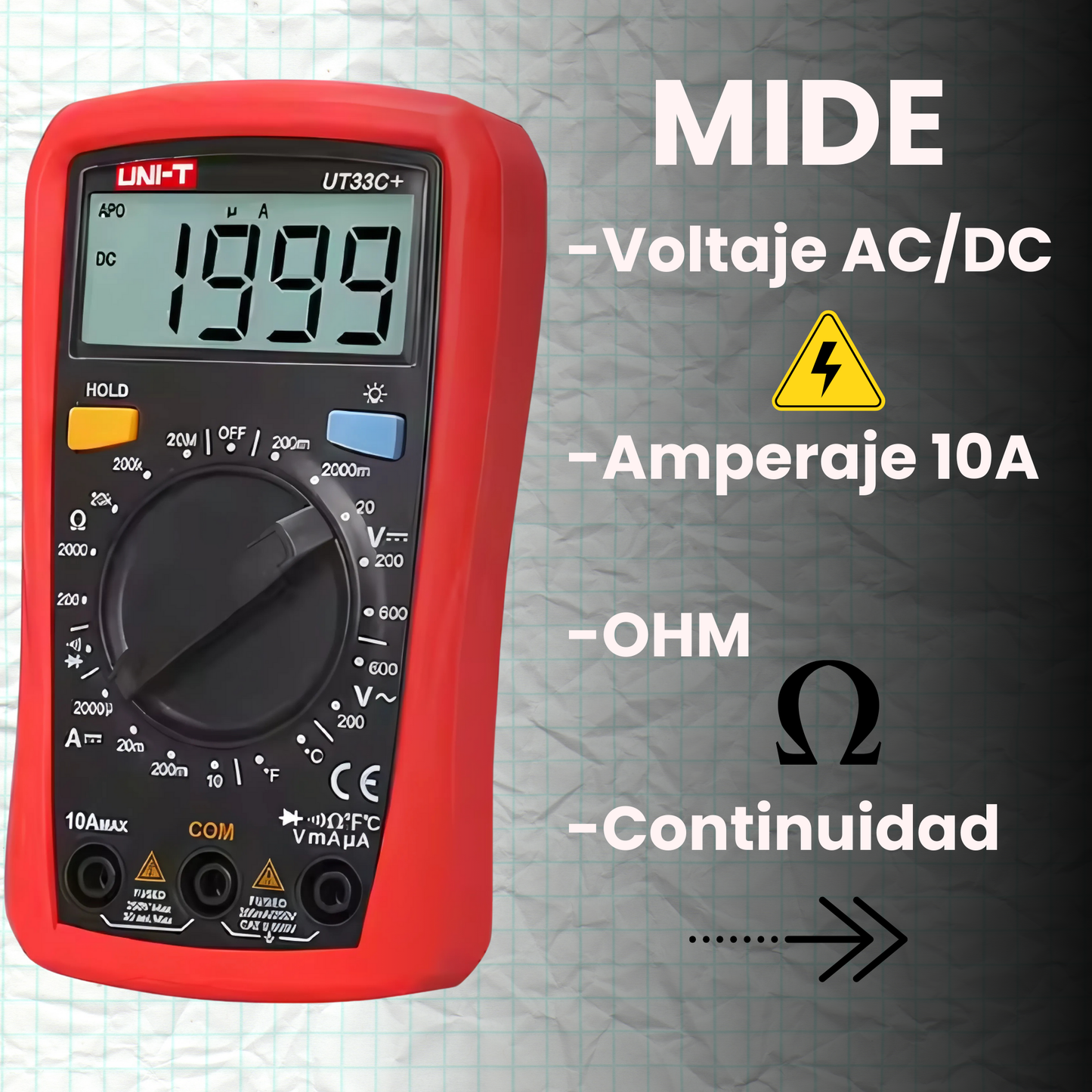 Multímetro Digital UNI-T UT33C+: Preciso con Medición de Temperatura, 600V AC/DC, 10A DC y Resistencia