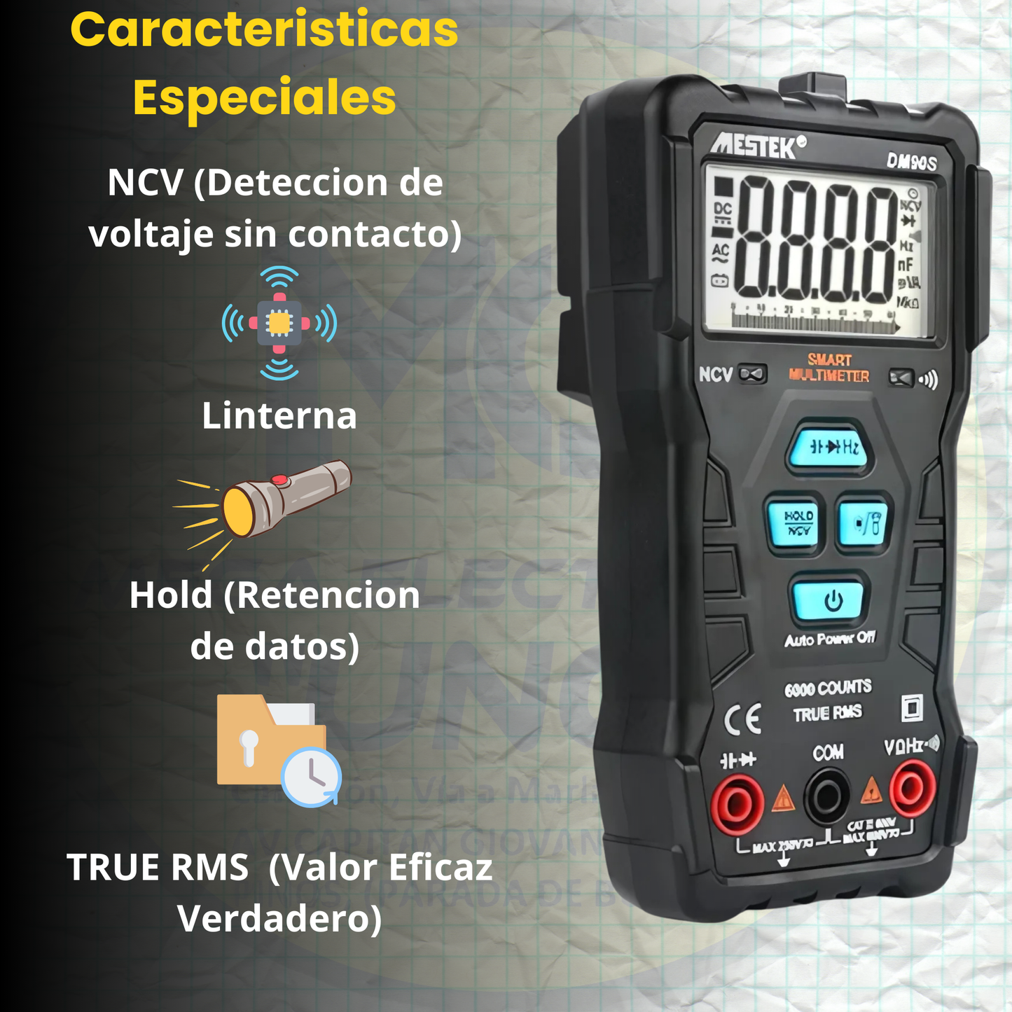 Multímetro Inteligente DM90S: Medida Automática, VFC, NCV, True RMS, resistencias, voltaje, continuidad, capacidad, frecuencia,diodos.