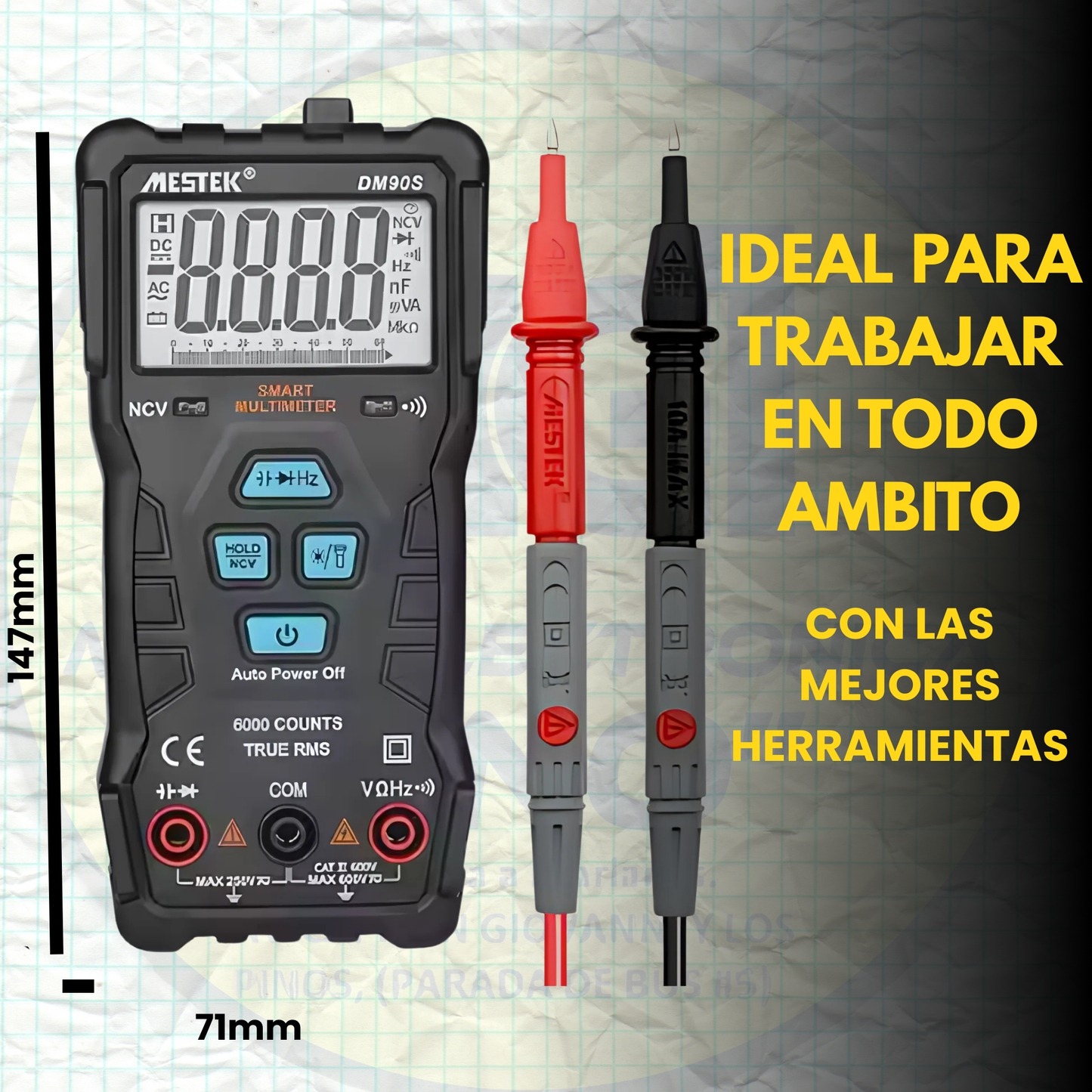 Multímetro Inteligente DM90S: Medida Automática, VFC, NCV, True RMS, resistencias, voltaje, continuidad, capacidad, frecuencia,diodos.