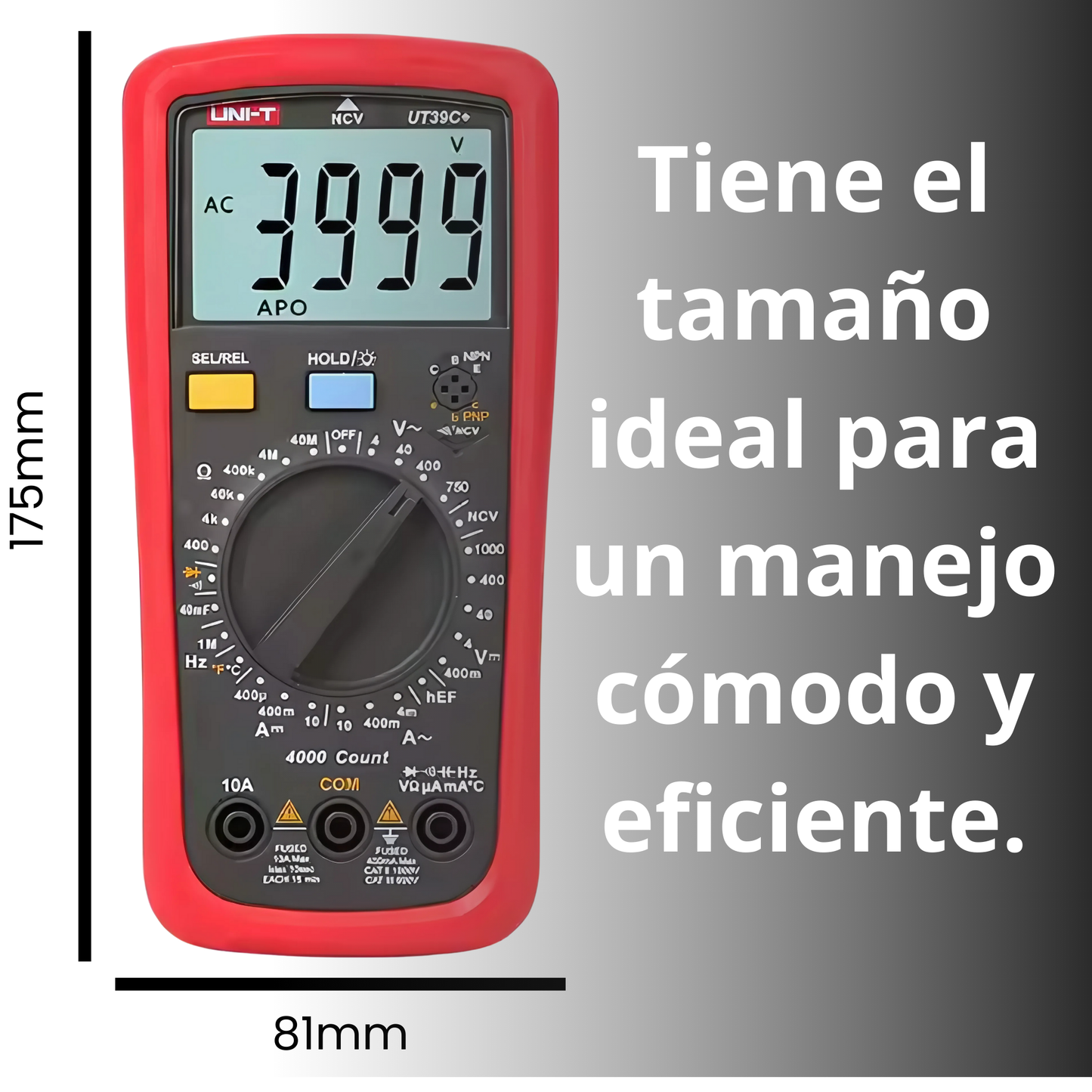 Multímetro UNI-T UT39C+: Voltaje AC/DC, Amperaje AC/DC, Temperatura, NCV, Condensadores REL, Ohm, hFE, HOLD,
