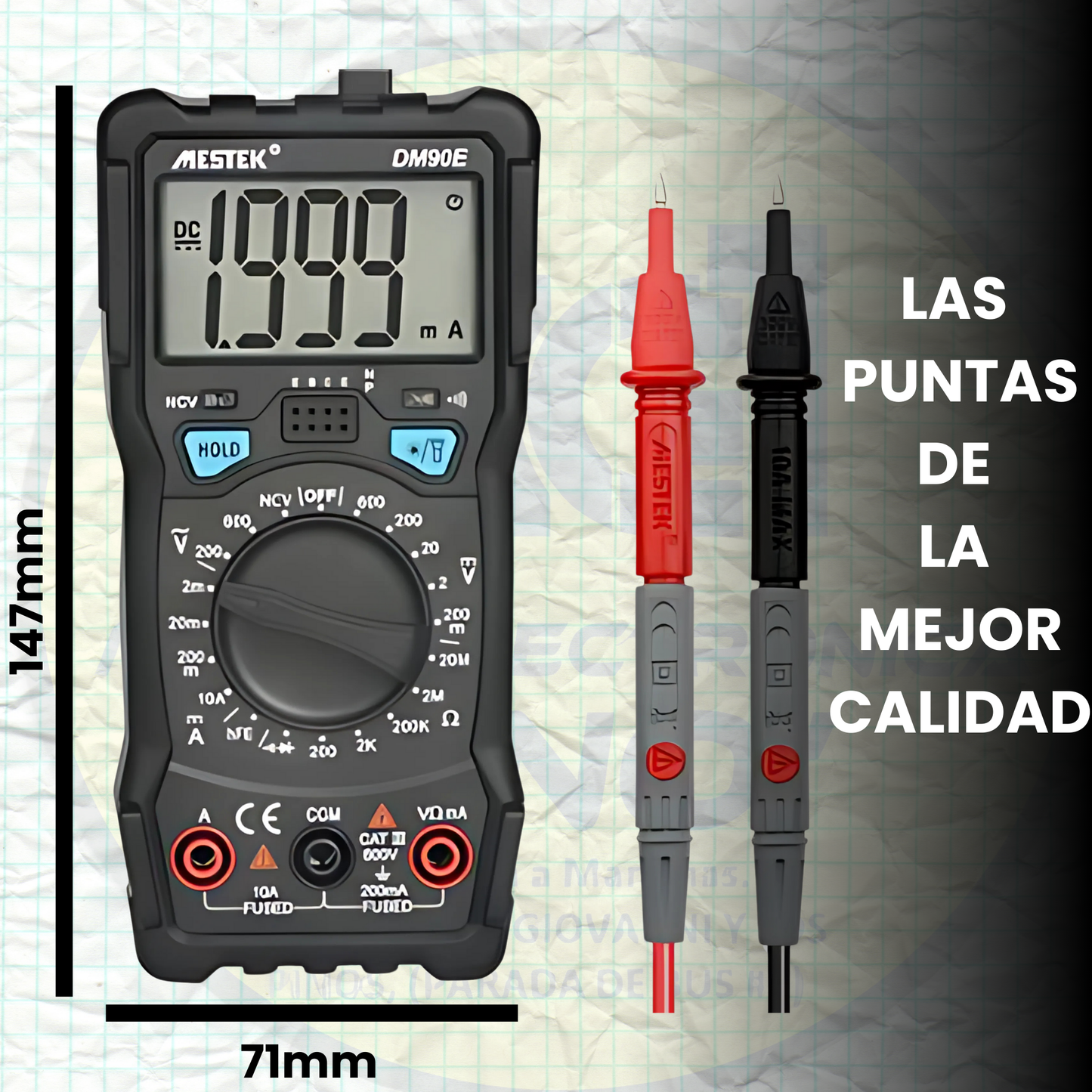 Multímetro DM90E: - Voltaje AC/DC, Amperaje DC, Resistencias, Continuidad y NCV