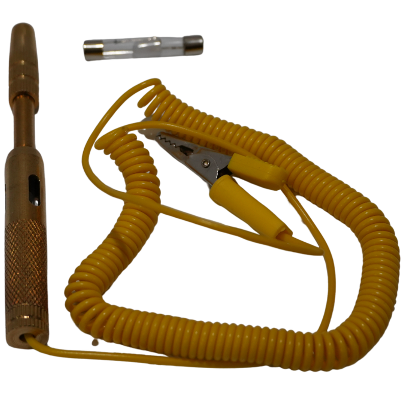 Punta de Prueba Automotriz de Latón 6V-12V-24V ELECTROTEK - Comprobador de Circuitos, Foco Extra y Cable Espiral con Pinza