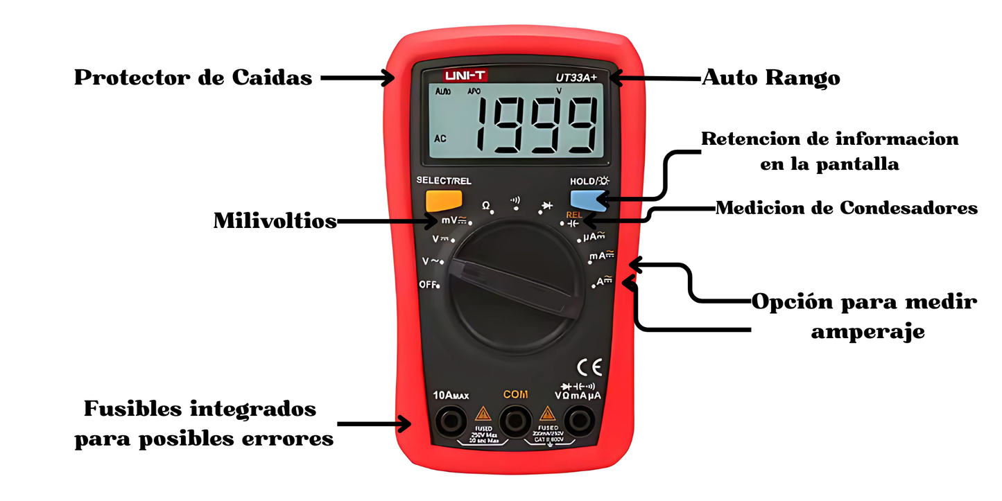 Multímetro Digital UNI-T UT33A+ - Auto rango, Condensadores, Continuidad, Voltaje AC/DC, Hold, Amperaje AC/DC.
