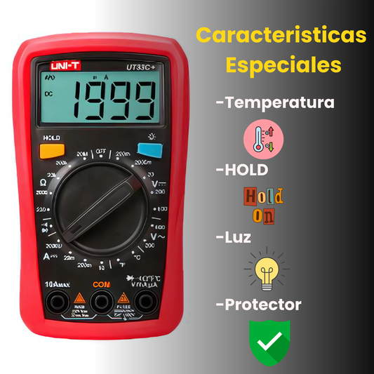 Multímetro Digital UNI-T UT33C+: Preciso con Medición de Temperatura, 600V AC/DC, 10A DC y Resistencia