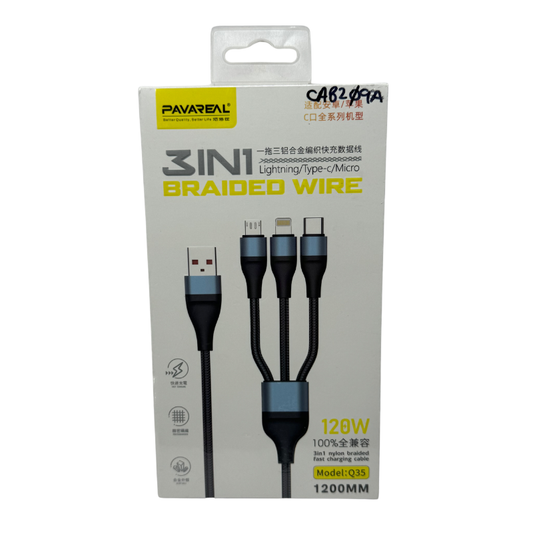 Cable 3 en 1 PAVAREAL Q35 120W - Lightning, Type-C y Micro USB Trenzado 1.2m