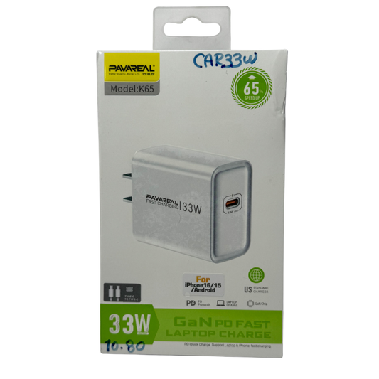 Cargador de Pared GaN PAVAREAL K65 33W - Doble USB-C PD Fast Charge para Laptop y Celular