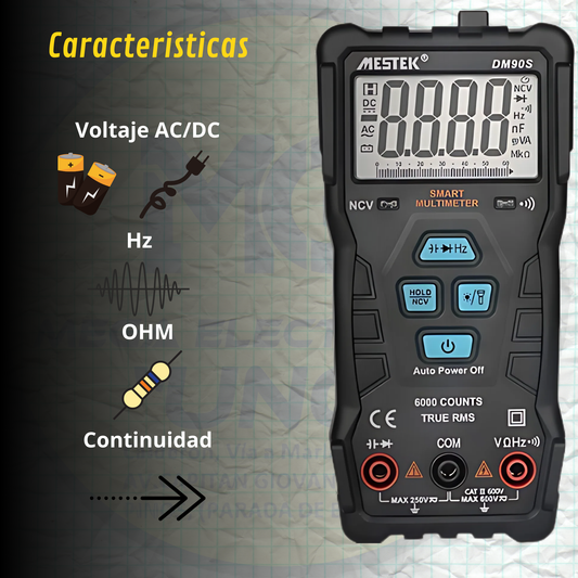Multímetro Inteligente DM90S: Medida Automática, VFC, NCV, True RMS, resistencias, voltaje, continuidad, capacidad, frecuencia,diodos.