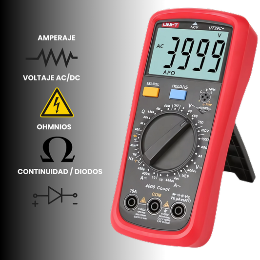 Multímetro UNI-T UT39C+: Voltaje AC/DC, Amperaje AC/DC, Temperatura, NCV, Condensadores REL, Ohm, hFE, HOLD,