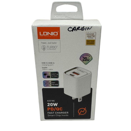 Cargador de Pared LDNIO A2318C 20W - PD + QC 3.0 Dual Puerto USB-C y USB-A con Cable