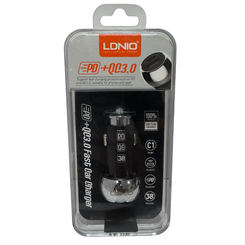 Cargador de Auto LDNIO C1 38W - Dual PD 20W + QC 3.0 USB-C y USB-A Fast Charge