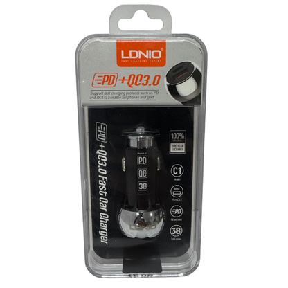 Cargador de Auto LDNIO C1 38W - Dual PD 20W + QC 3.0 USB-C y USB-A Fast Charge