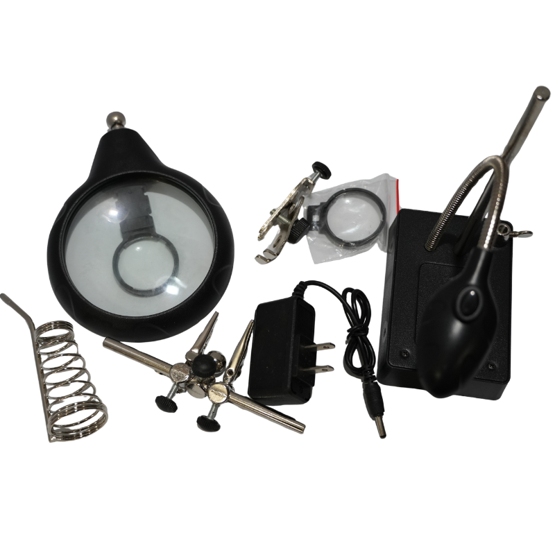Tercera Mano con Lupa 3 Aumentos y 5 LEDs - Soporte de Soldadura con Lentes 2.5x, 7.5x y 10x, Pinzas Cocodrilo, Soporte para Cautín y Alimentación AC/DC