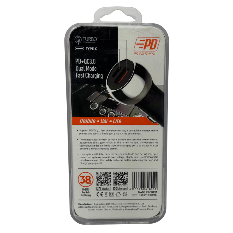 Cargador de Auto LDNIO C1 38W - Dual PD 20W + QC 3.0 USB-C y USB-A Fast Charge