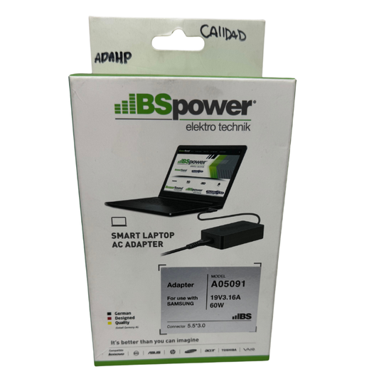 Adaptador BS Power A05091 60W para Laptop Samsung - 19V 3.16A Conector 5.5x3.0mm
