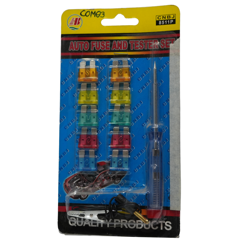 Kit Comprobador de Fusibles Automotriz con 10 Fusibles de Cuchilla - Set de Punta de Prueba y Fusibles Surtidos de Repuesto para Auto, Moto y Camión